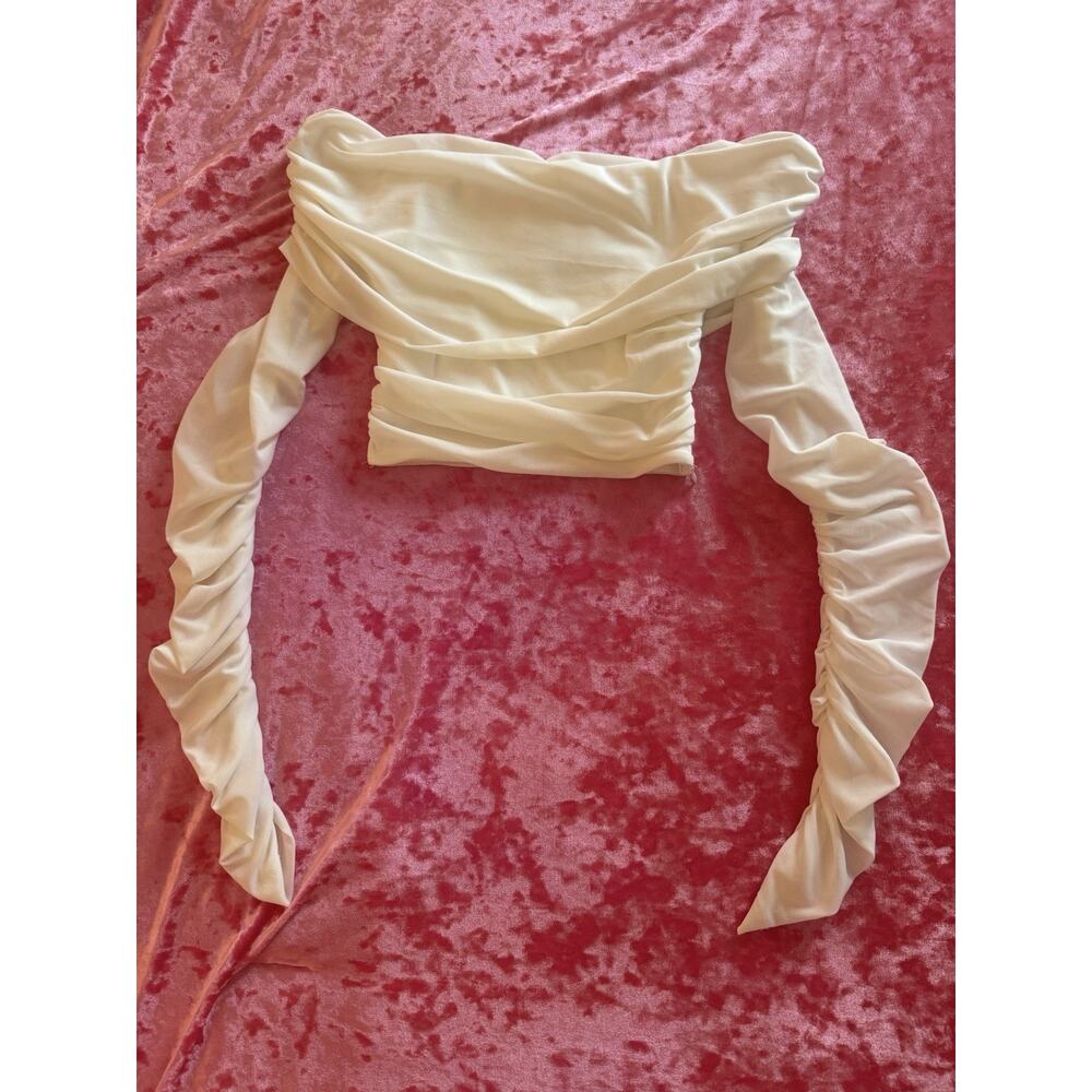 Princess Polly Cream Off the Shoulder Long Sleeve Top Ruched Mesh Size 2 Cropped
